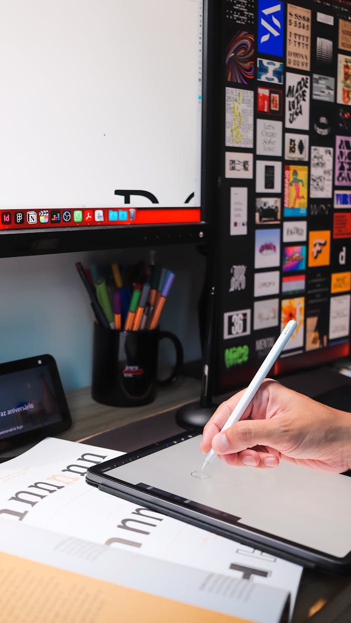 Close-up of a hand using a stylus on a tablet in a modern digital workspace.